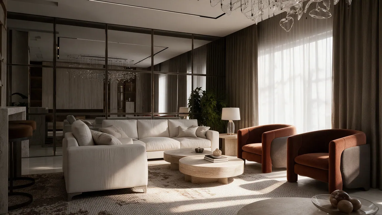 The same reception room, rendered in material and light