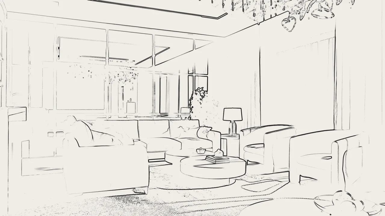 The space, drawn — line drawing of a reception room