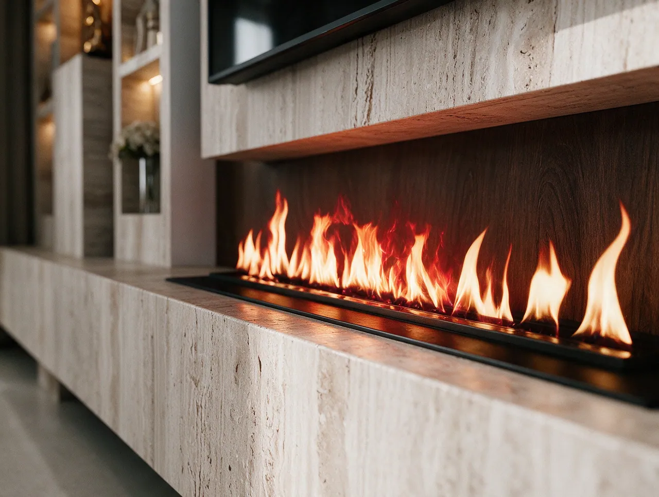 Travertine Residence — Linear fire in travertine