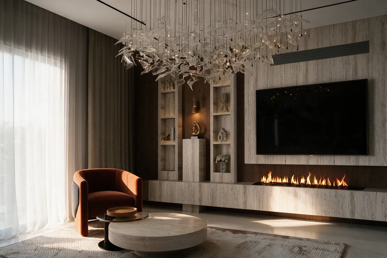 Travertine Residence — living room with a linear fire in travertine